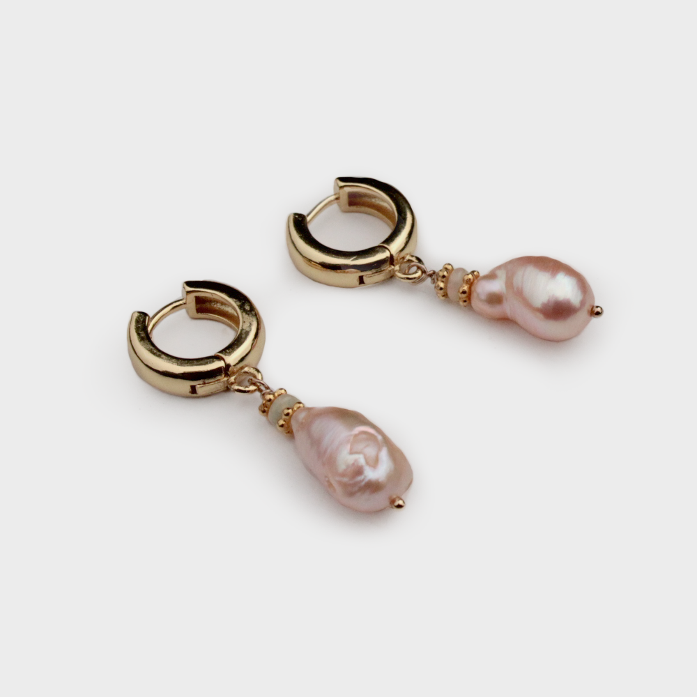 Gold Huggie Earrings with Pearl and Opal