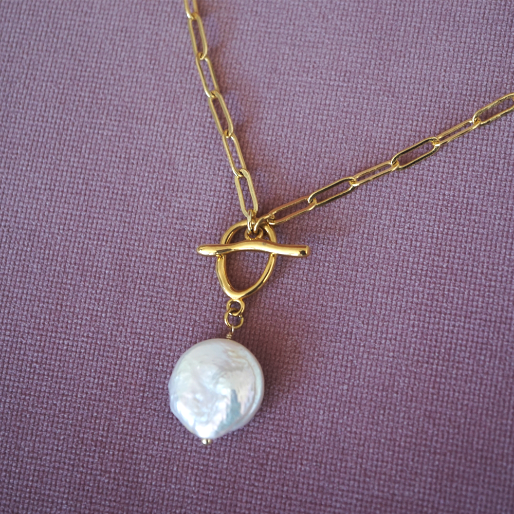 Gold Toggle Necklace with Baroque Pearl